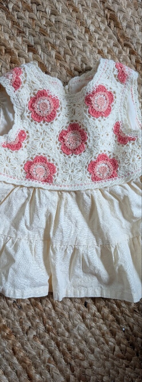 Crochet Floral Bodice Cream Tank with Pink Accents